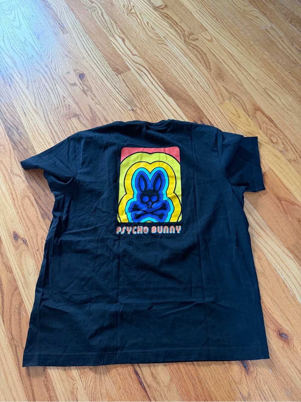 Psycho Bunny Black Tee with Multicolor Retro Bunny Graphic